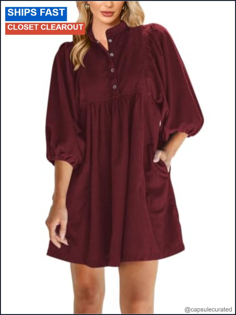 Corduroy Babydoll Mini Dress 3/4 Sleeve Button Front Pocket Tunic